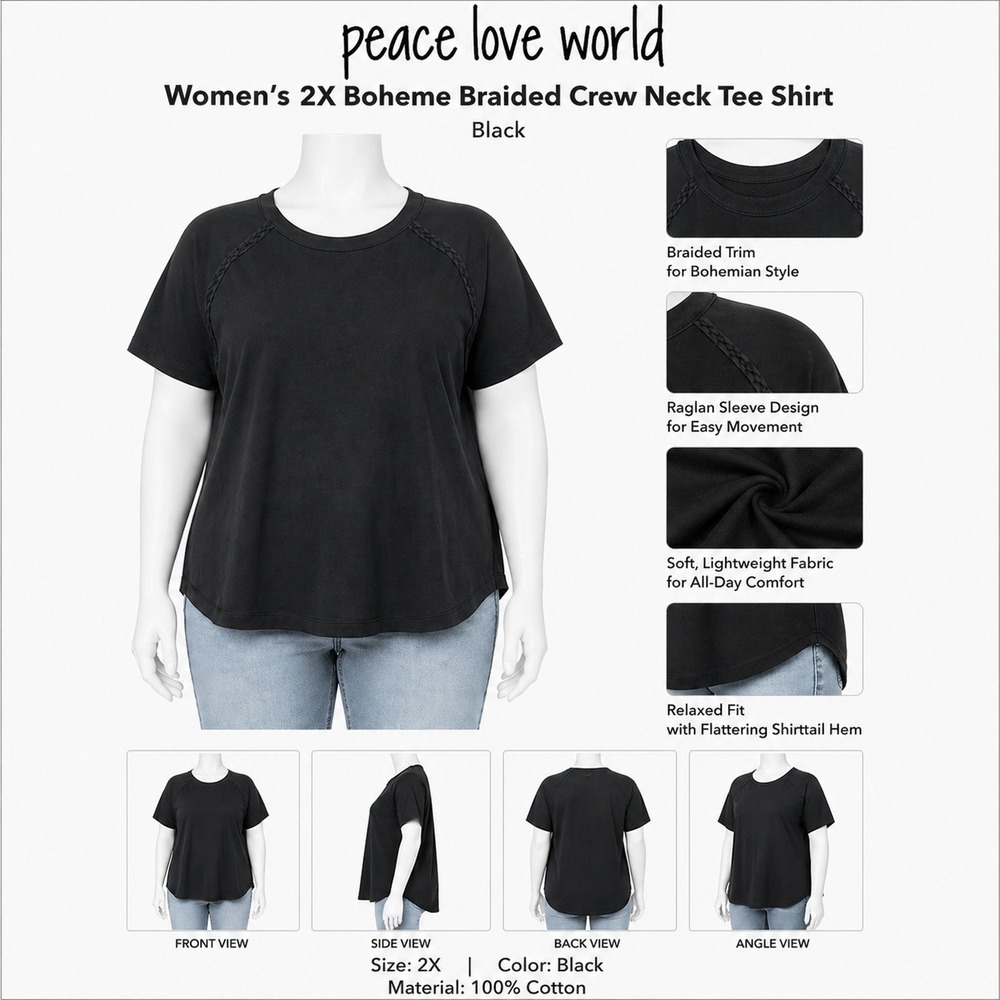 Peace Love World Womens 2X Boheme Braided Crew‎ Neck Tee Shirt Black Cotton New